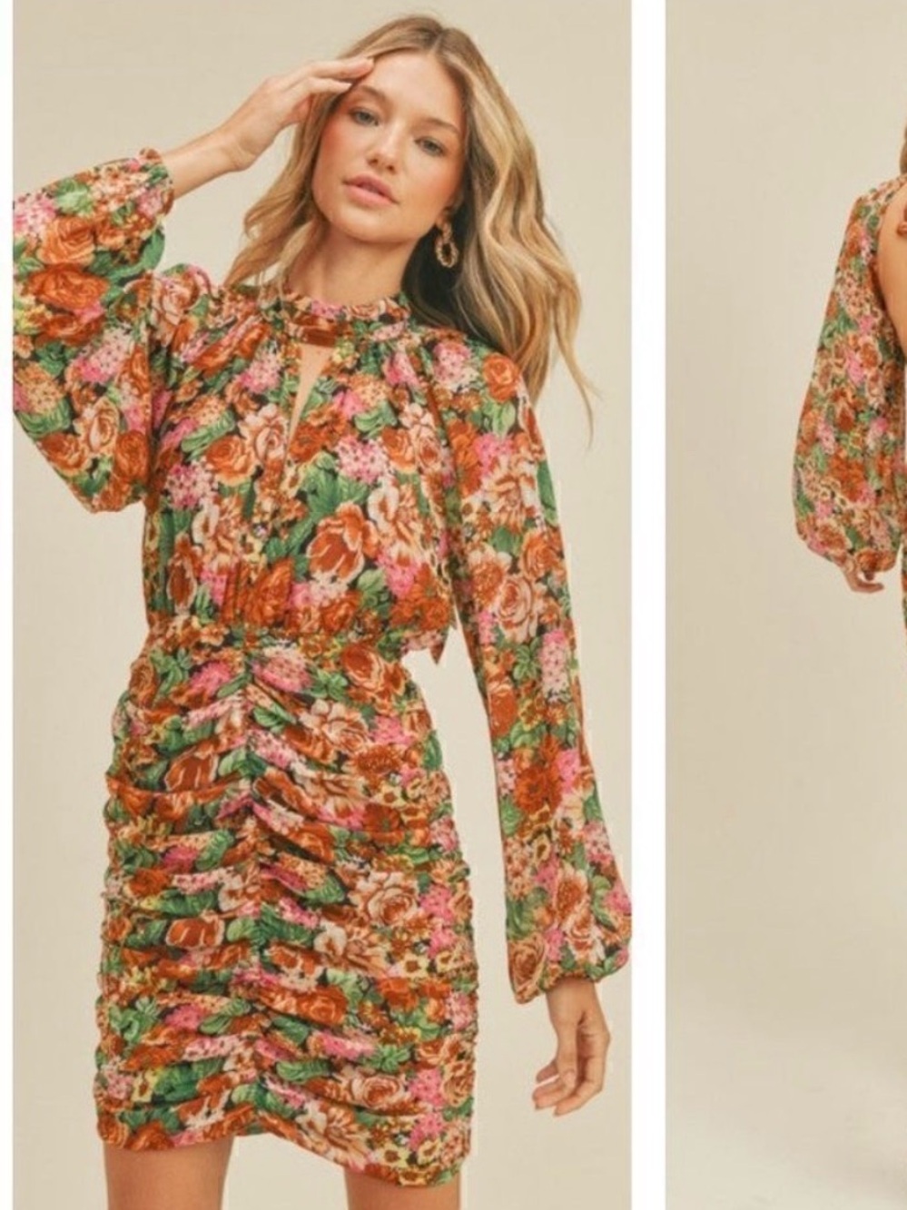 NWT Lush Floral Ruched Open-Back Mini Dress in Green, Pink and Orange - Size M